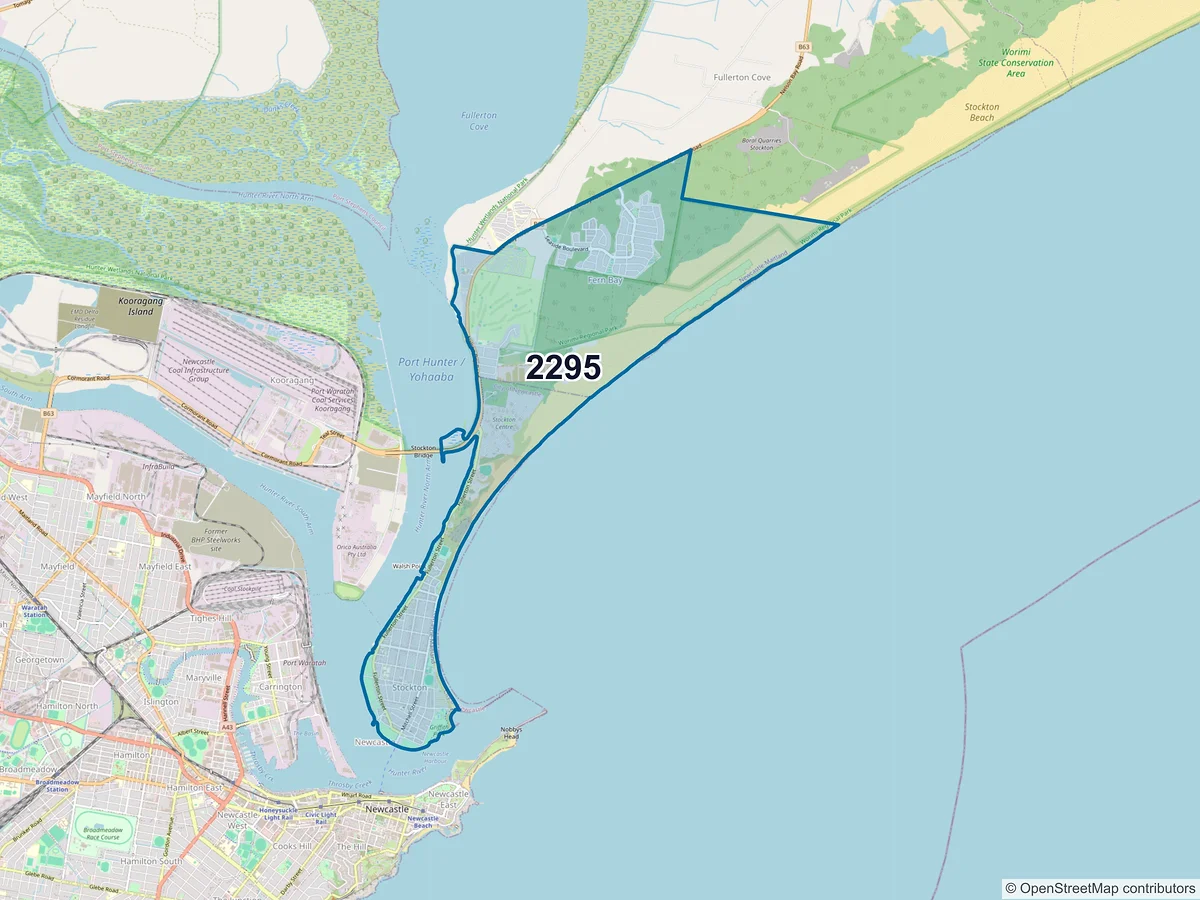 Map of postcode 2295 — Stockton, NSW, Australia