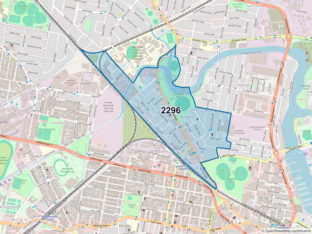 Map of postcode 2296 — Islington, NSW, Australia