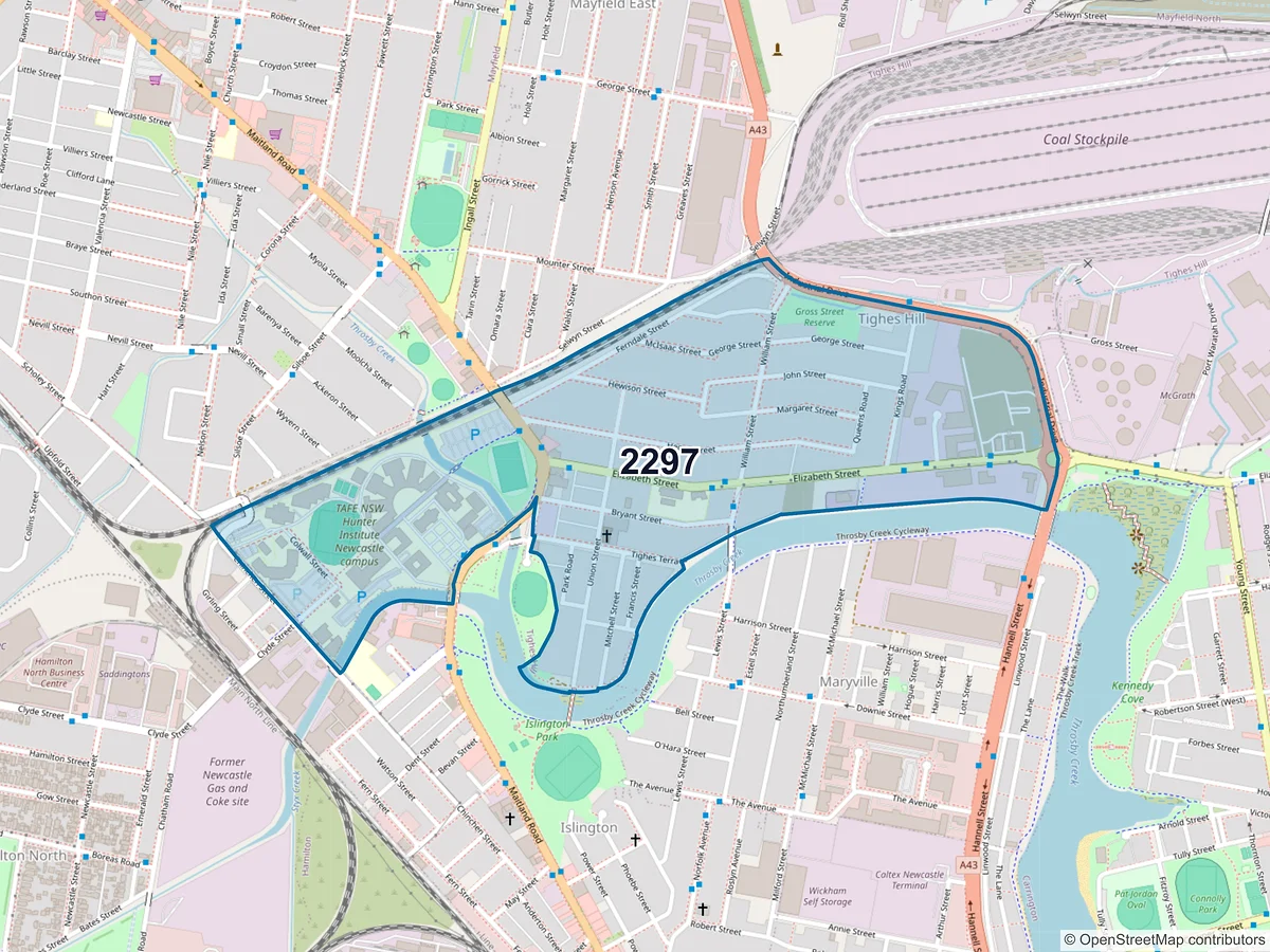 Map of postcode 2297 — Tighes Hill, NSW, Australia
