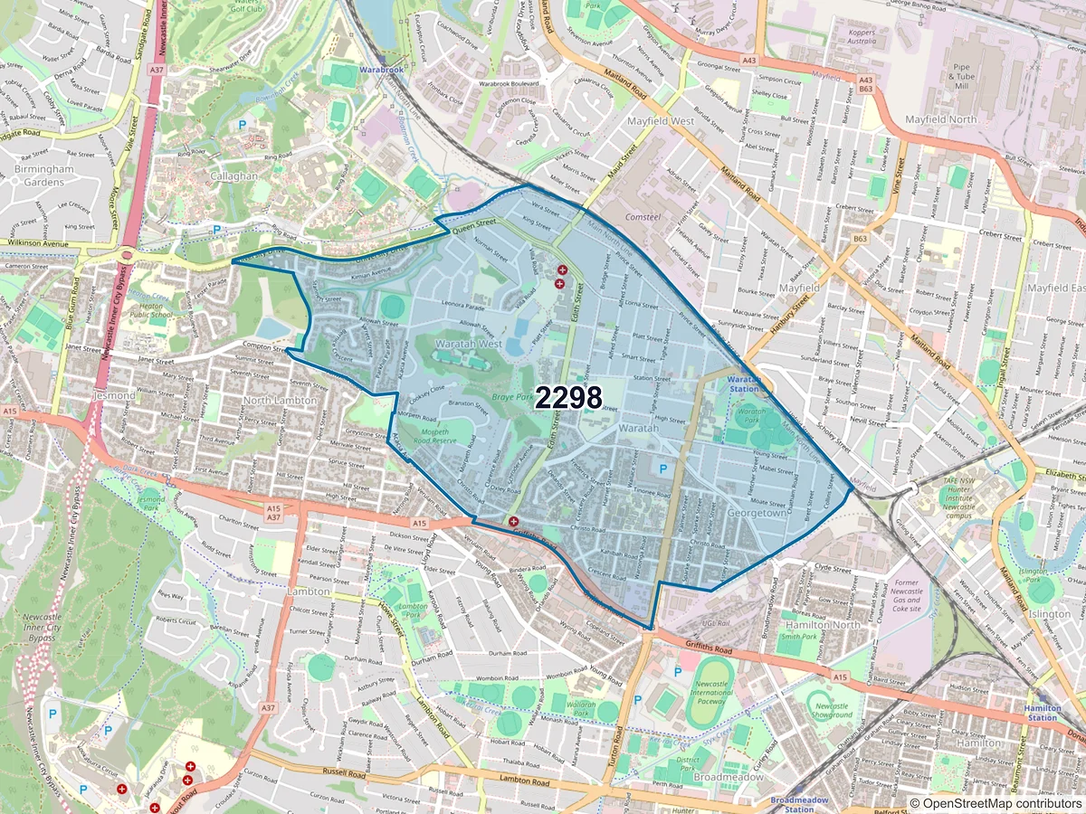 Map of postcode 2298 — Waratah, NSW, Australia