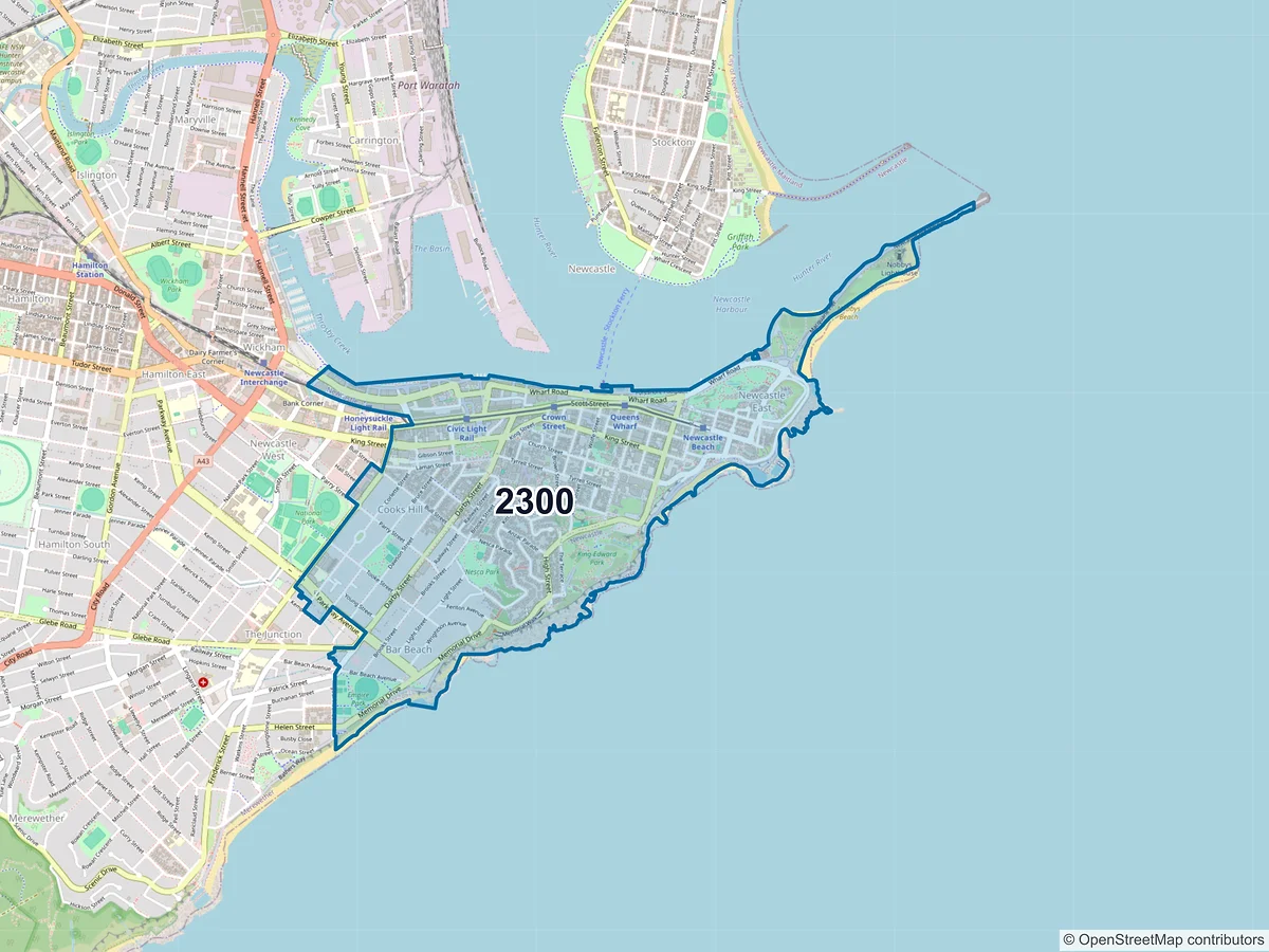 Map of postcode 2300 — Newcastle, NSW, Australia