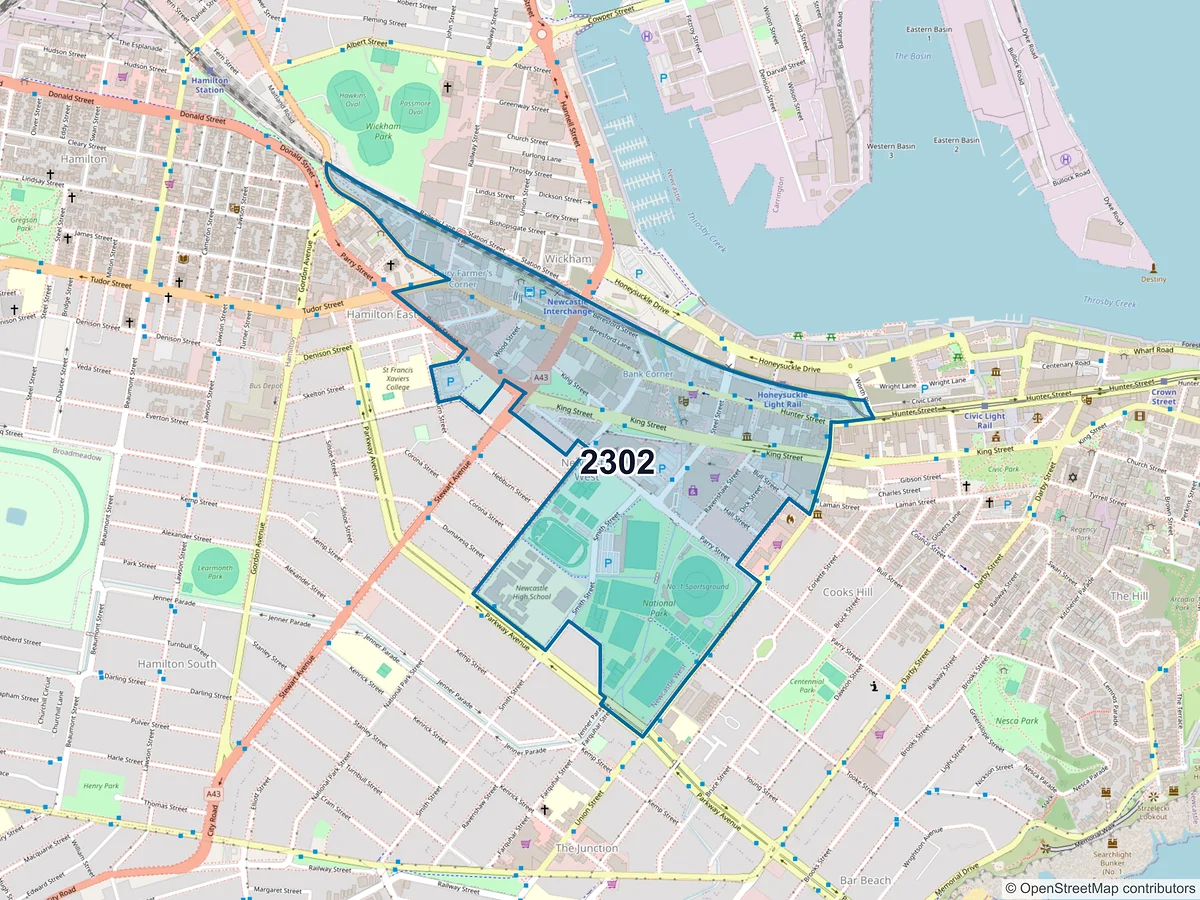 Map of postcode 2302 — Newcastle West, NSW, Australia