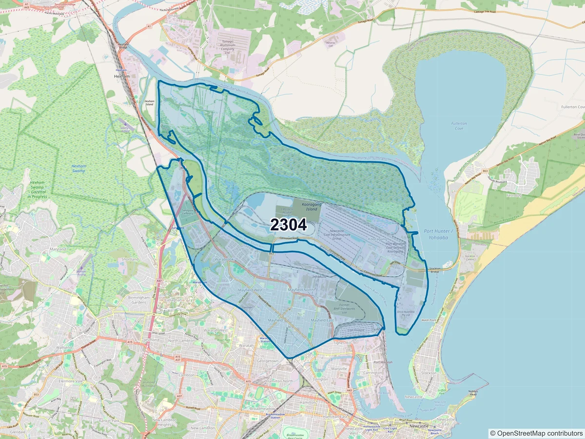 Map of postcode 2304 — Mayfield, NSW, Australia