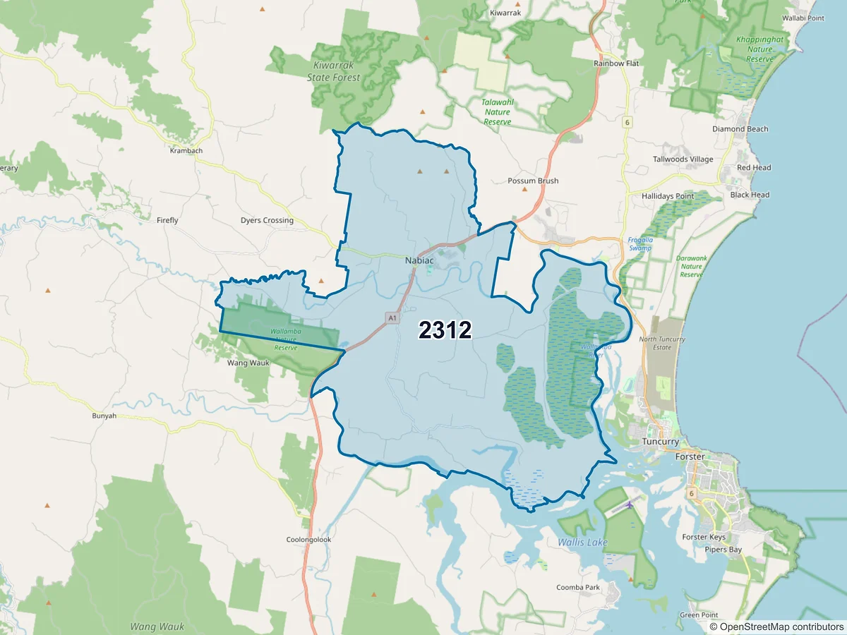 Map of postcode 2312 — Nabiac, NSW, Australia