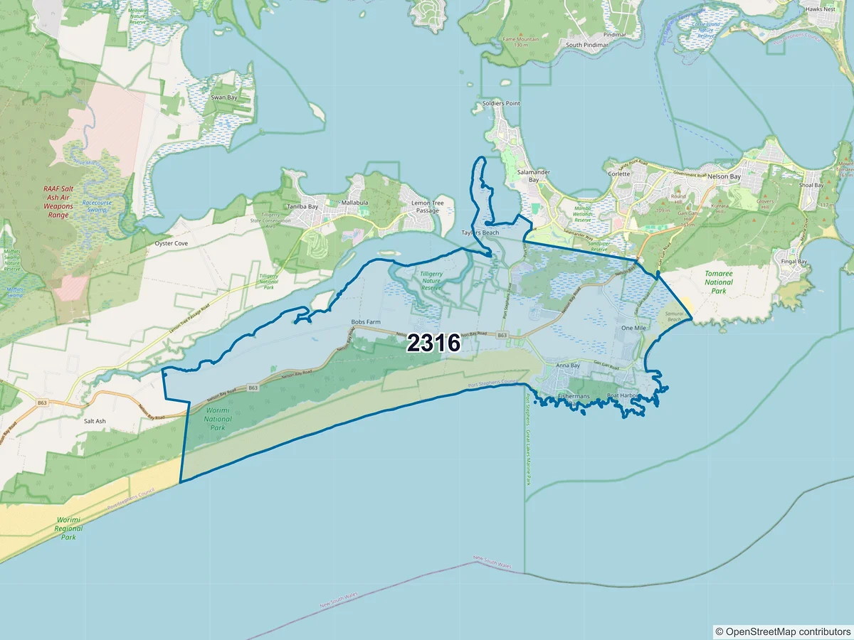 Map of postcode 2316 — Anna Bay, NSW, Australia