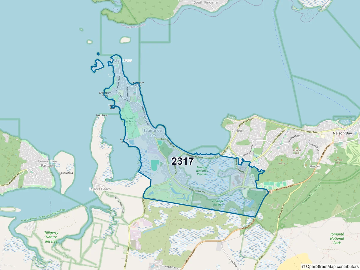 Map of postcode 2317 — Salamander Bay, NSW, Australia
