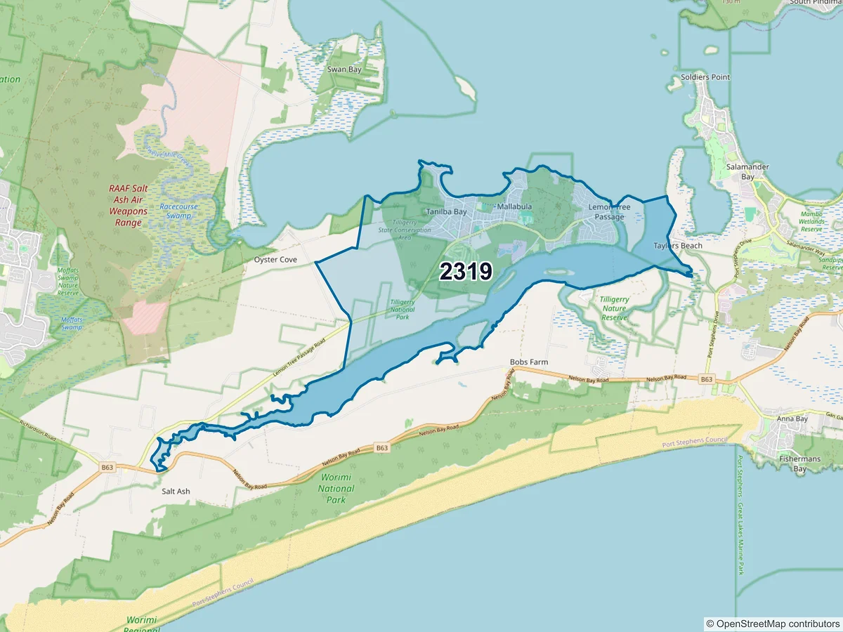 Map of postcode 2319 — Tanilba Bay, NSW, Australia