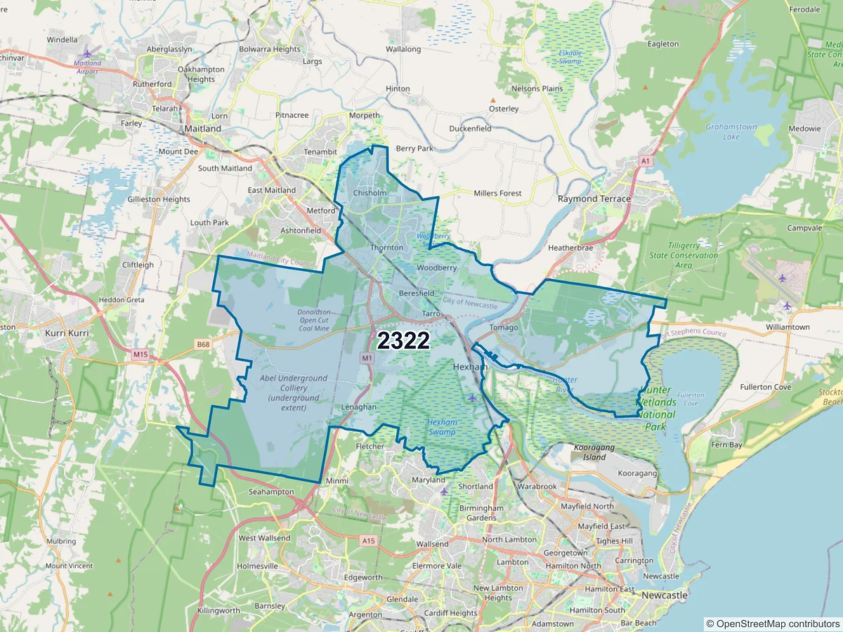 Map of postcode 2322 — Thornton, NSW, Australia