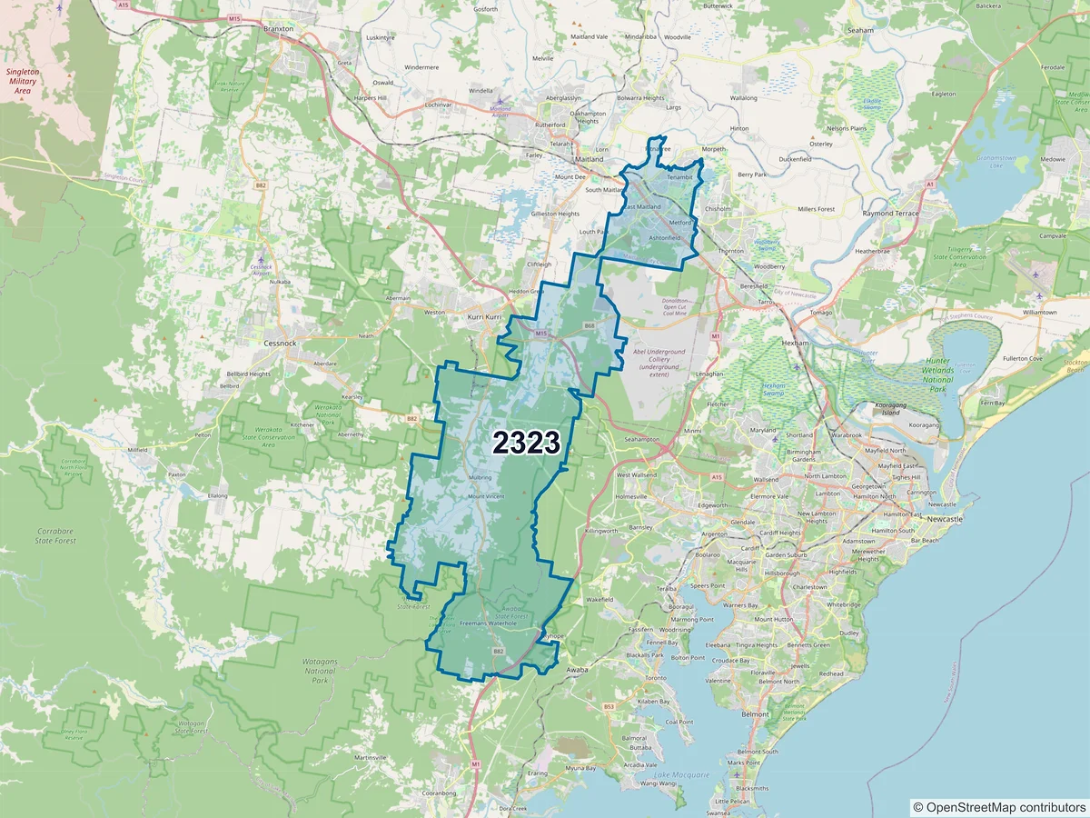 Map of postcode 2323 — East Maitland, NSW, Australia