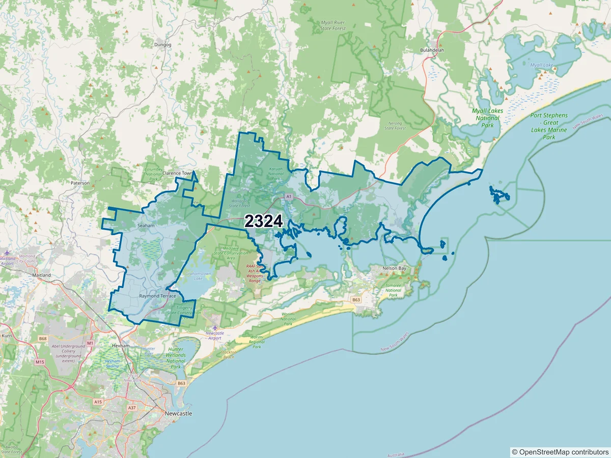 Map of postcode 2324 — Raymond Terrace, NSW, Australia