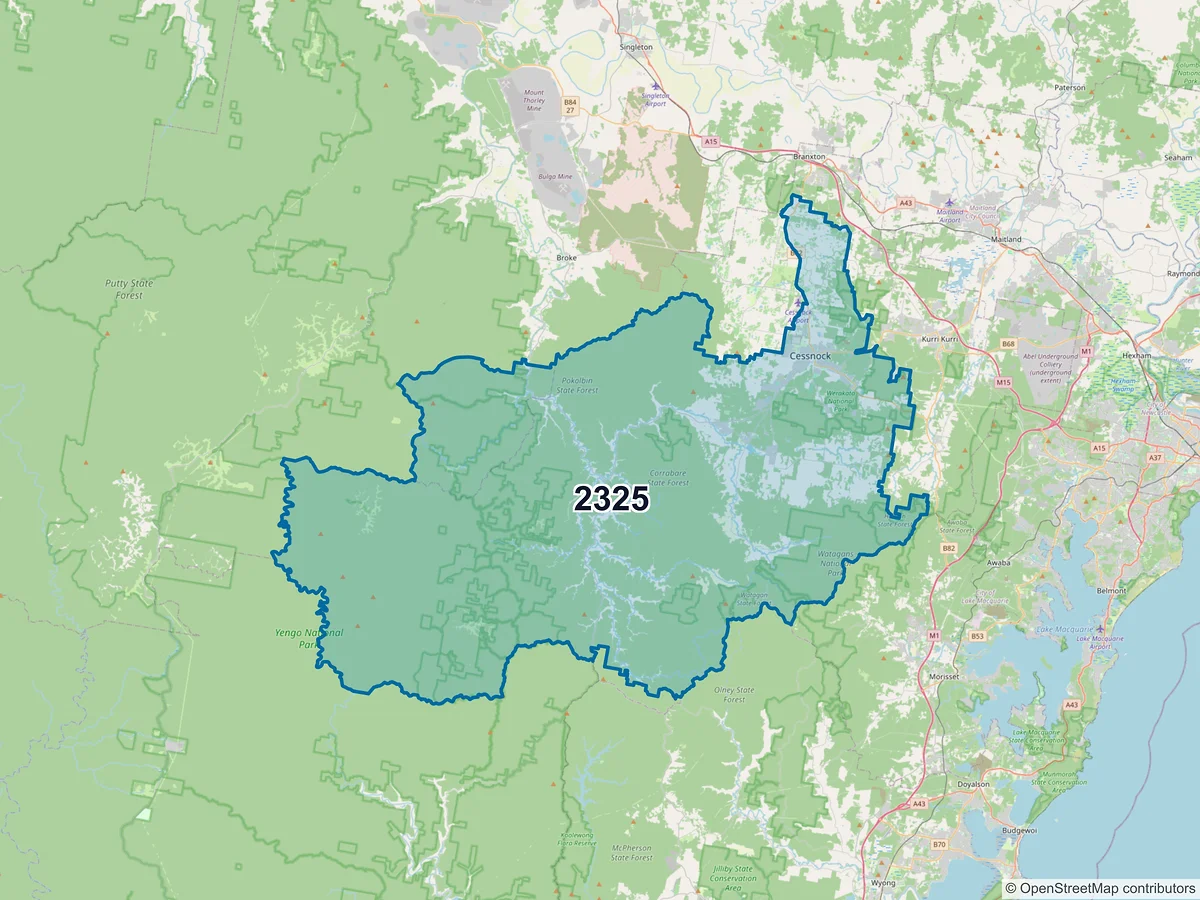 Map of postcode 2325 — Cessnock, NSW, Australia