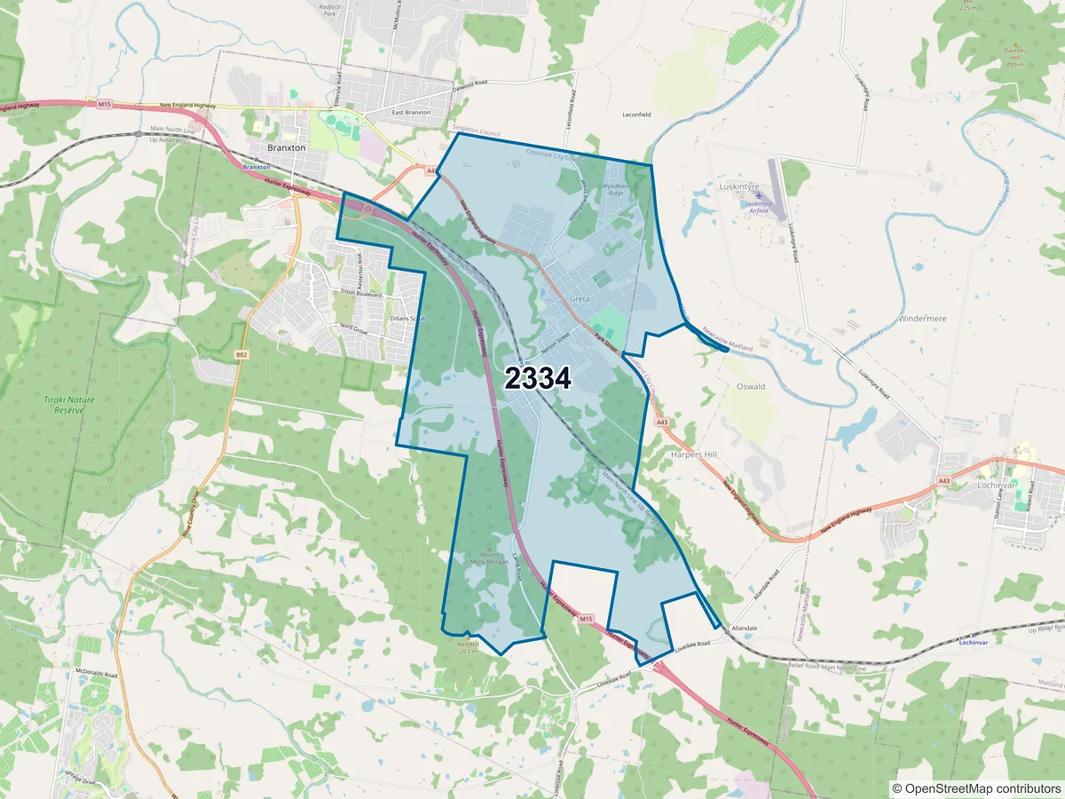 Map of postcode 2334 — Greta, NSW, Australia