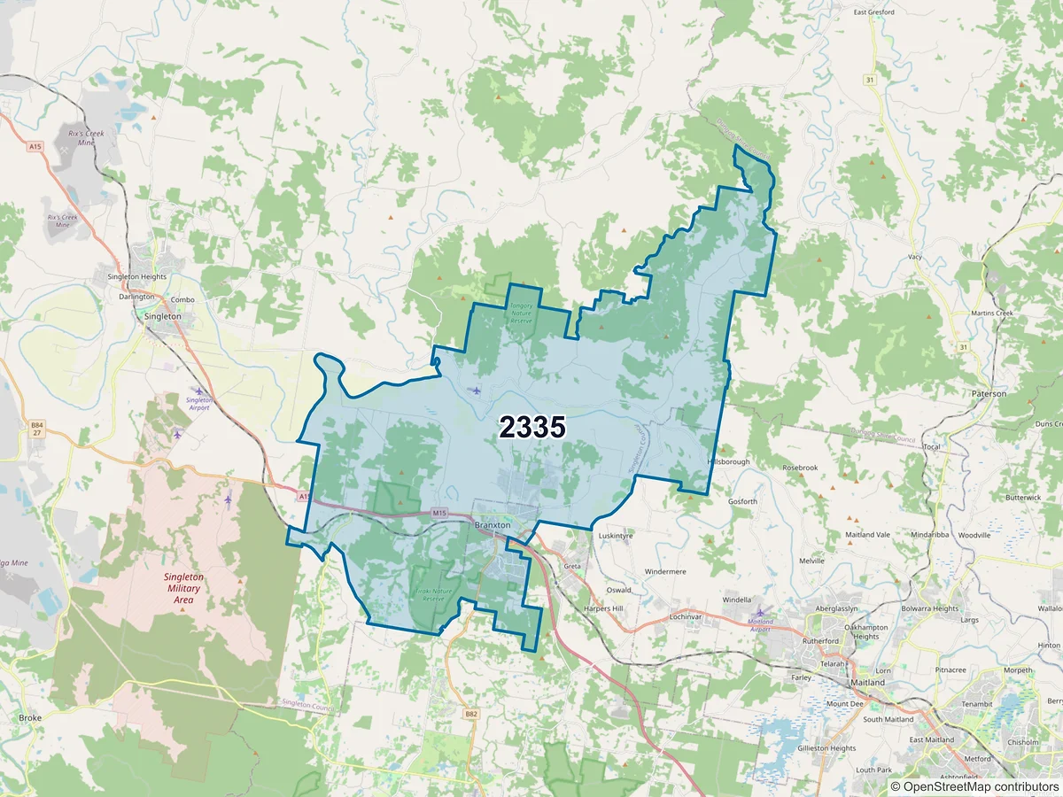 Map of postcode 2335 — North Rothbury, NSW, Australia