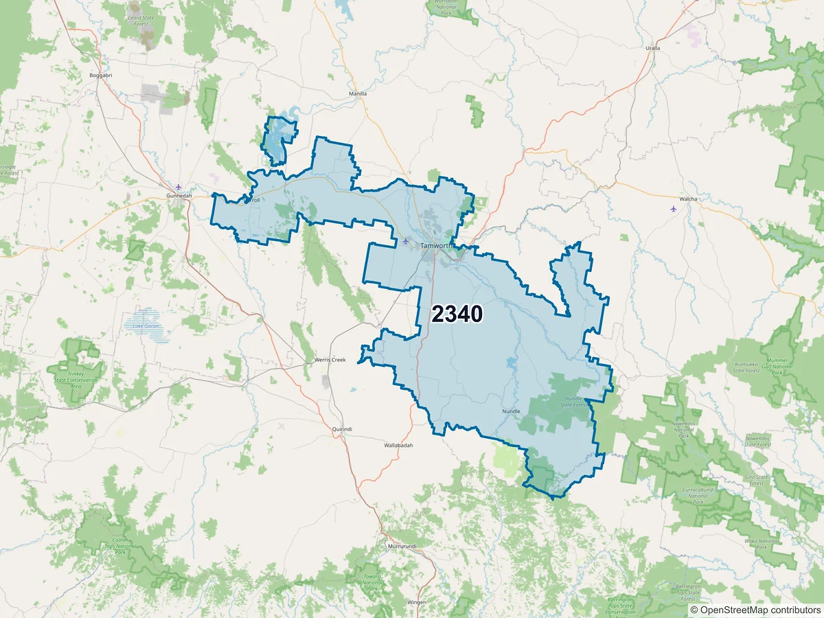 Map of postcode 2340 — North Tamworth, NSW, Australia