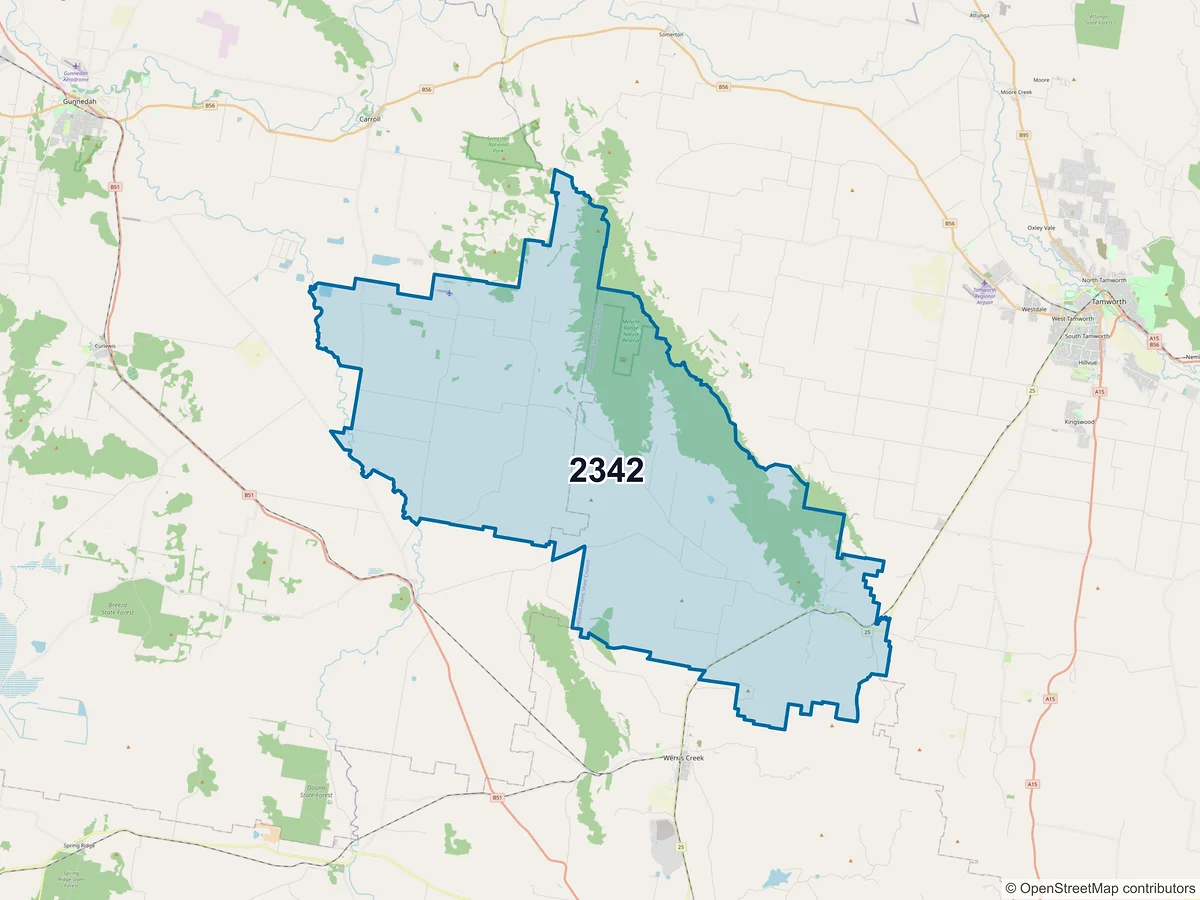 Map of postcode 2342 — Currabubula, NSW, Australia