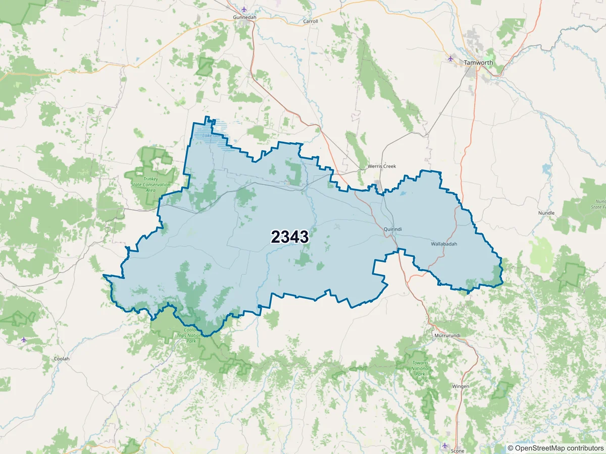 Map of postcode 2343 — Quirindi, NSW, Australia