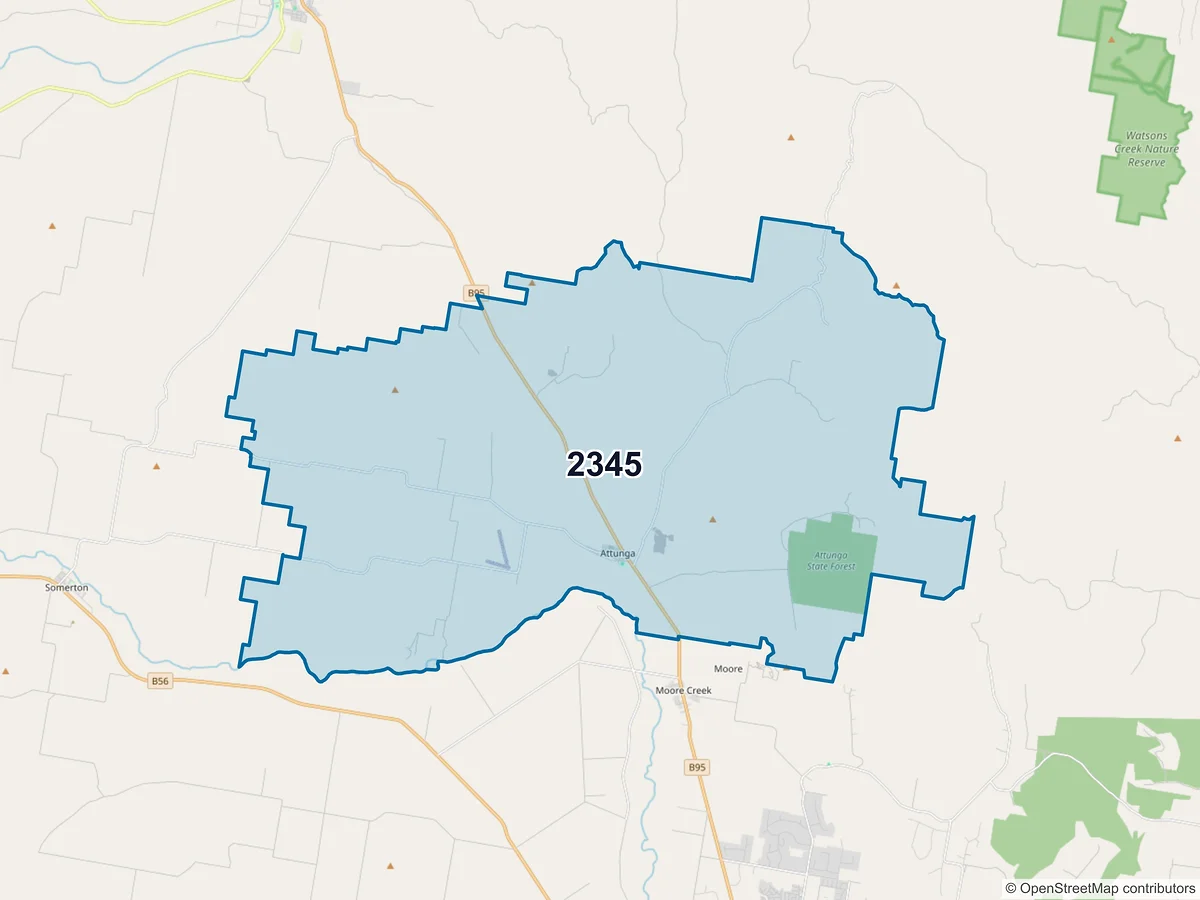 Map of postcode 2345 — Attunga, NSW, Australia