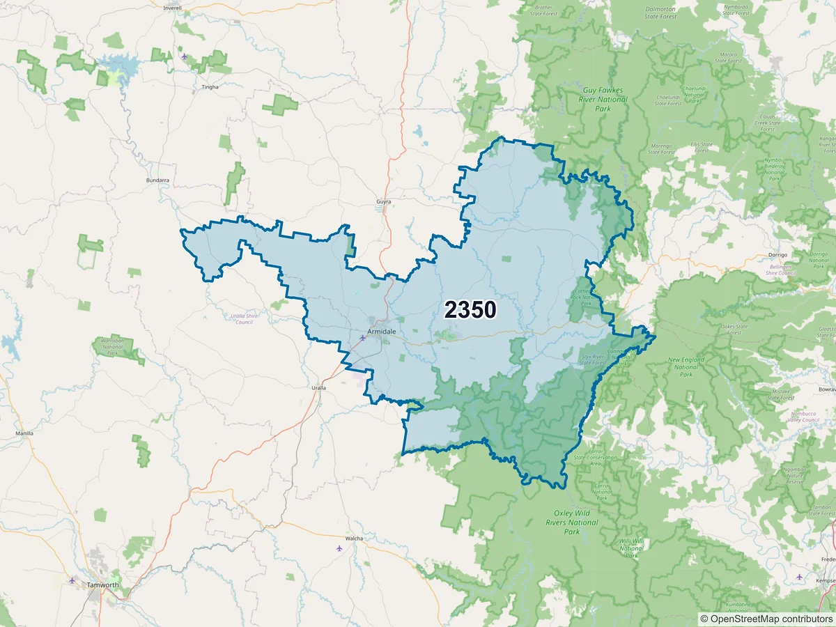 Map of postcode 2350 — Armidale, NSW, Australia