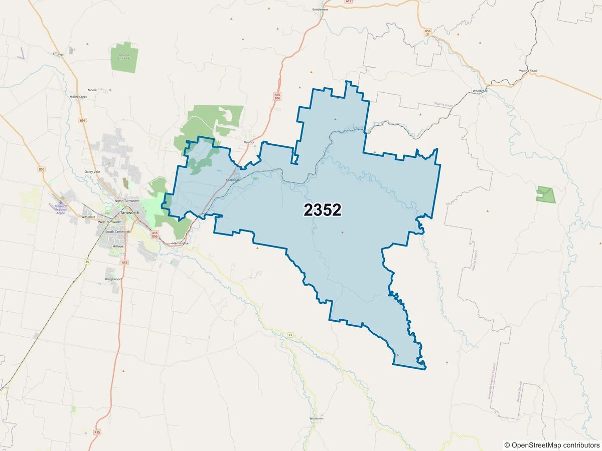 Map of postcode 2352 — Kootingal, NSW, Australia