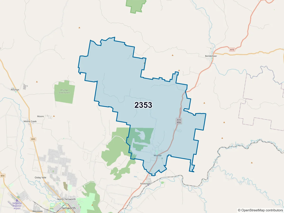 Map of postcode 2353 — Moonbi, NSW, Australia