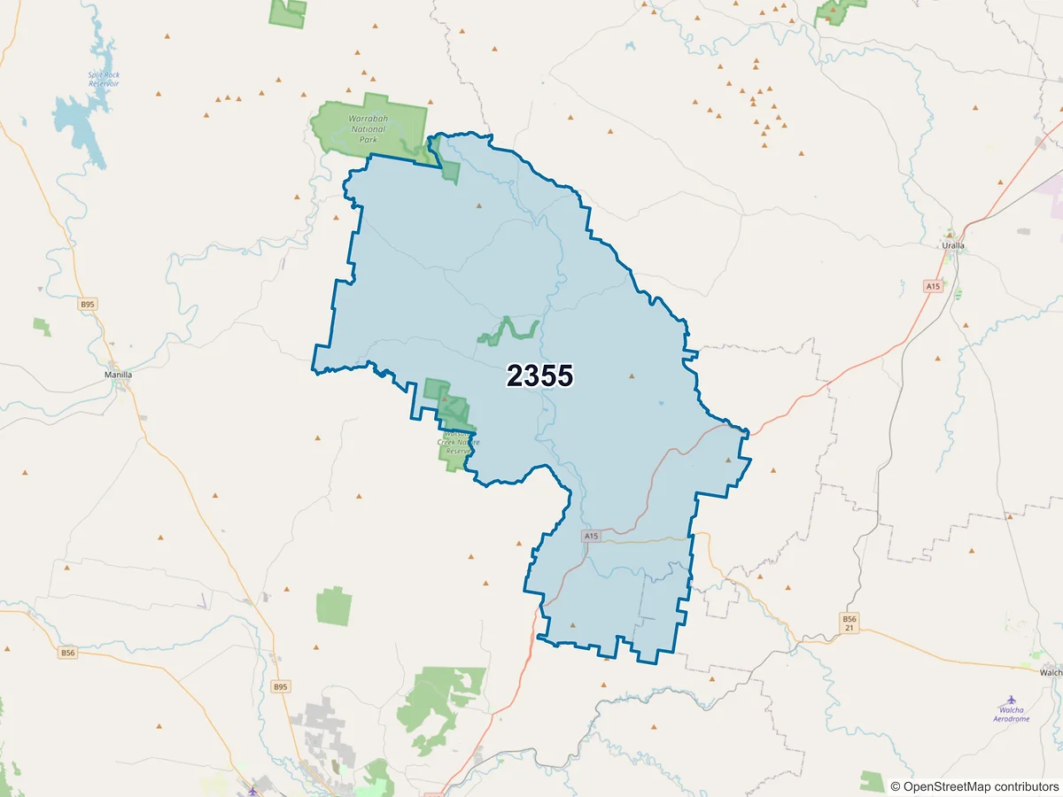 Map of postcode 2355 — Bendemeer, NSW, Australia