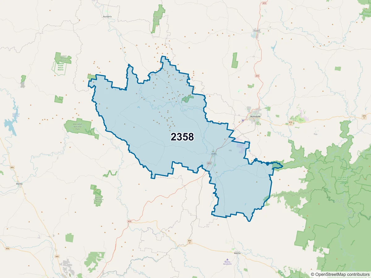 Map of postcode 2358 — Uralla, NSW, Australia