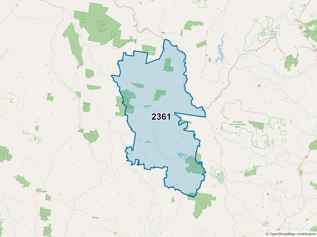 Map of postcode 2361 — Ashford, NSW, Australia