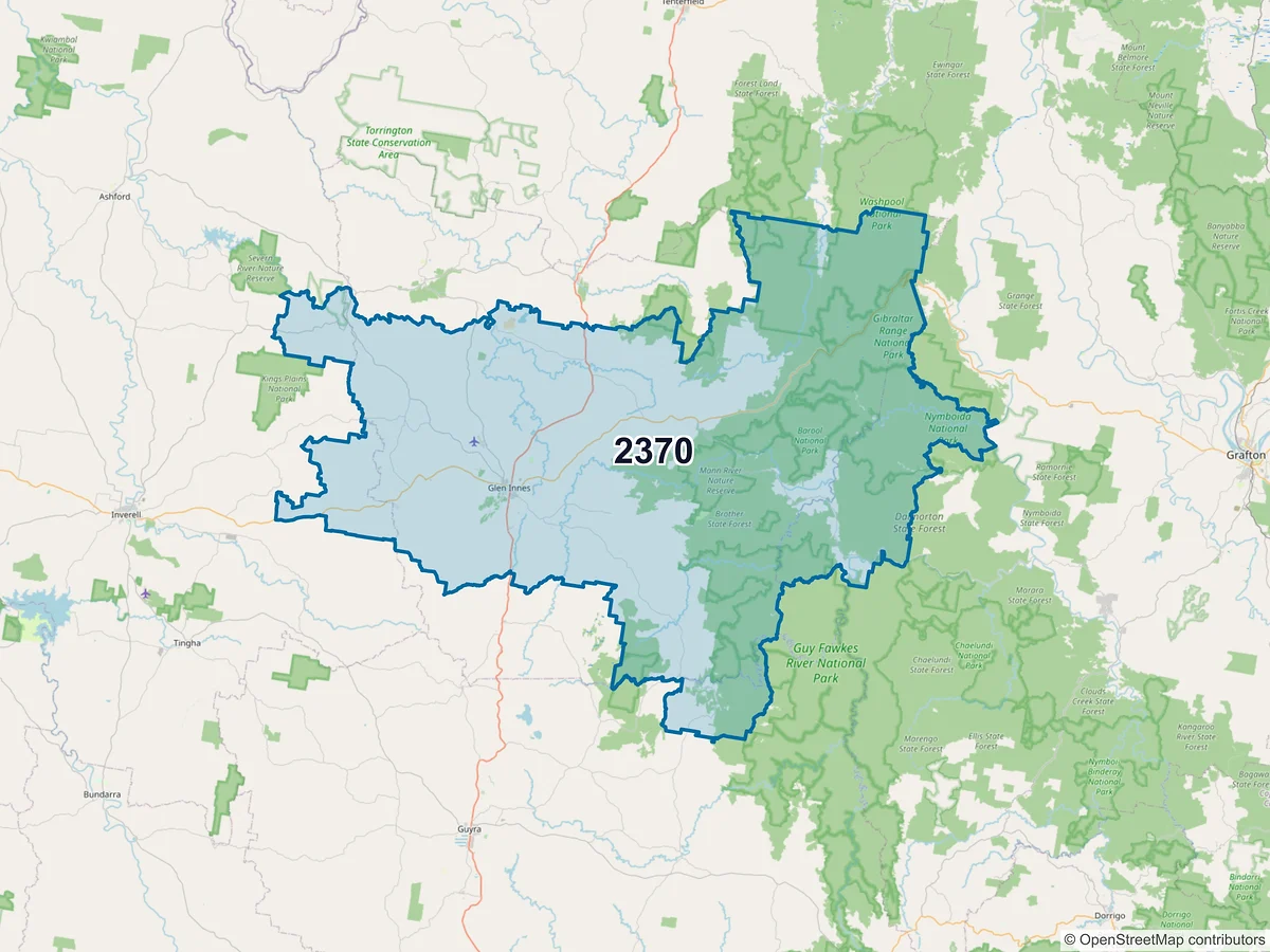 Map of postcode 2370 — Glen Innes, NSW, Australia