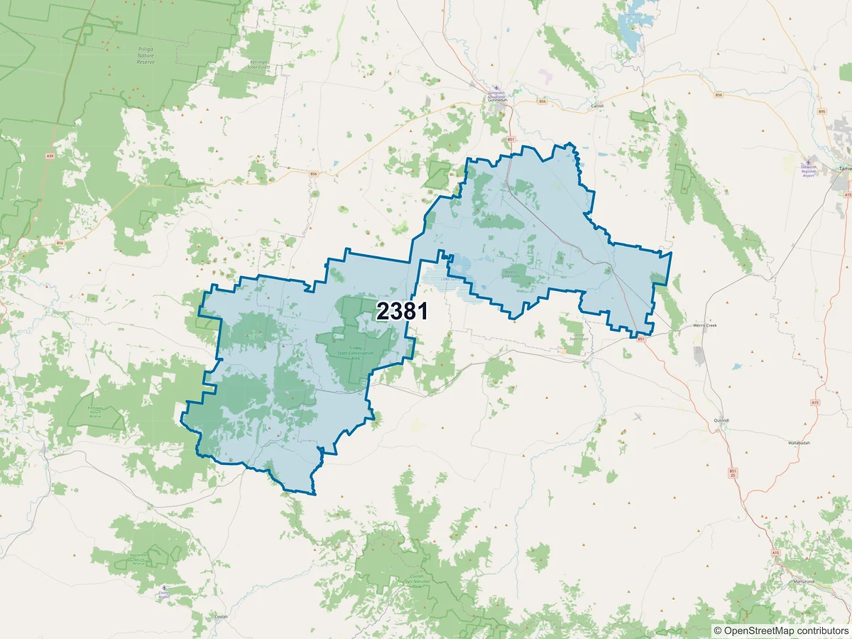 Map of postcode 2381 — Curlewis, NSW, Australia