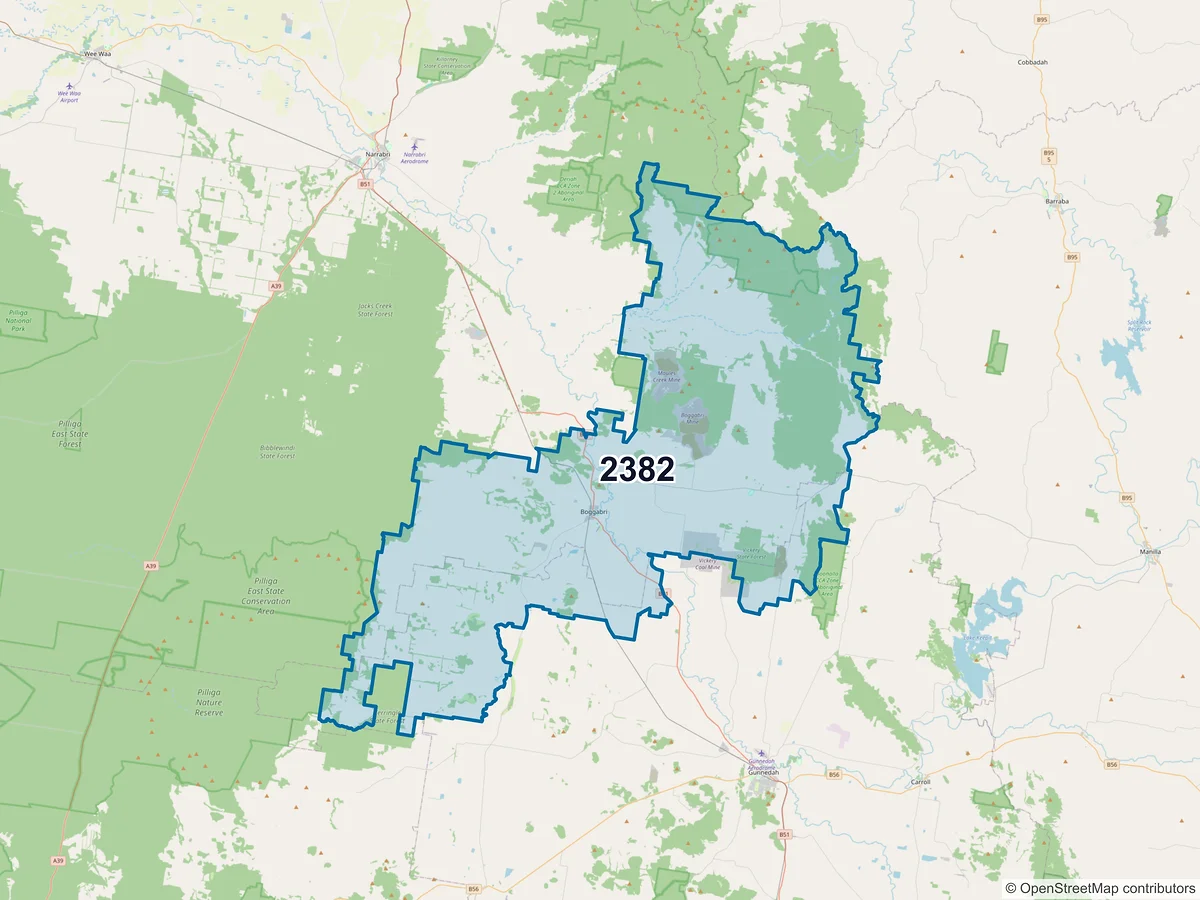 Map of postcode 2382 — Boggabri, NSW, Australia