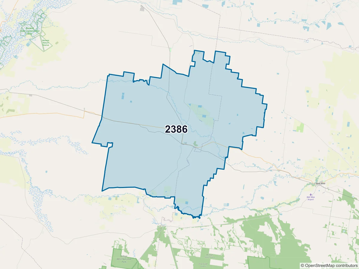 Map of postcode 2386 — Burren Junction, NSW, Australia