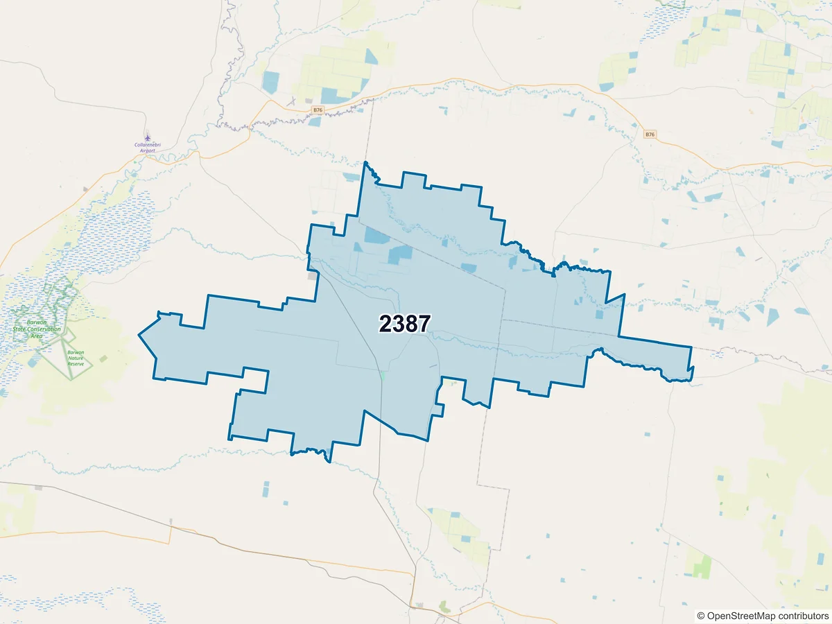 Map of postcode 2387 — Rowena, NSW, Australia