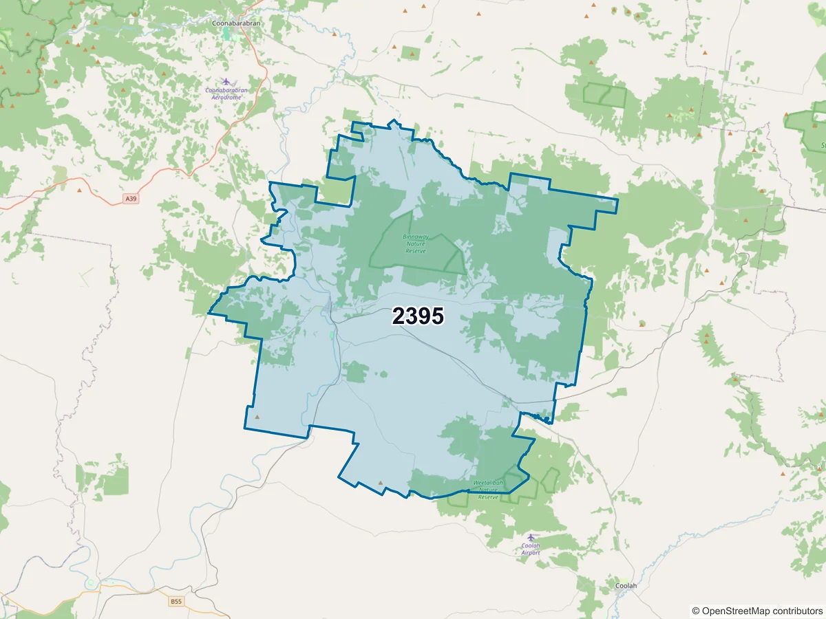 Map of postcode 2395 — Binnaway, NSW, Australia