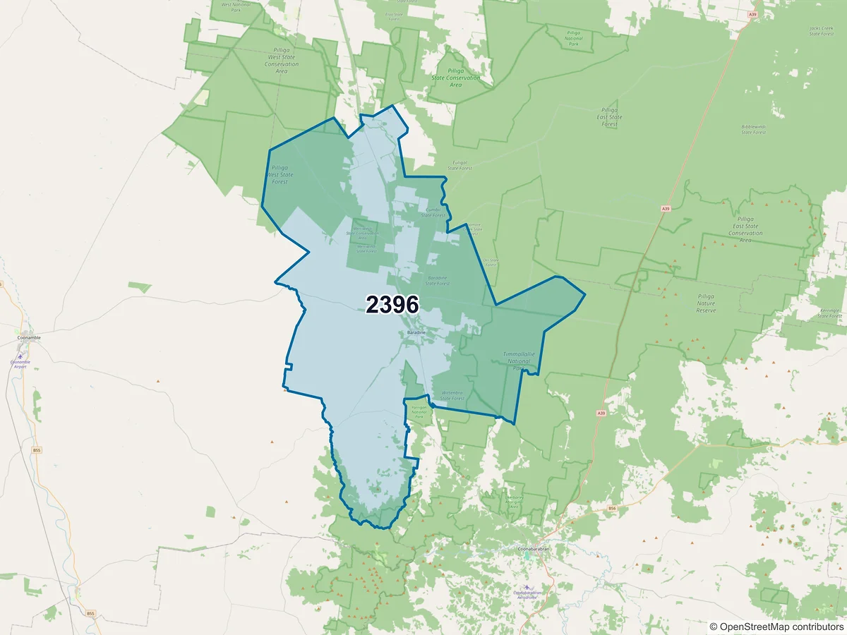 Map of postcode 2396 — Baradine, NSW, Australia