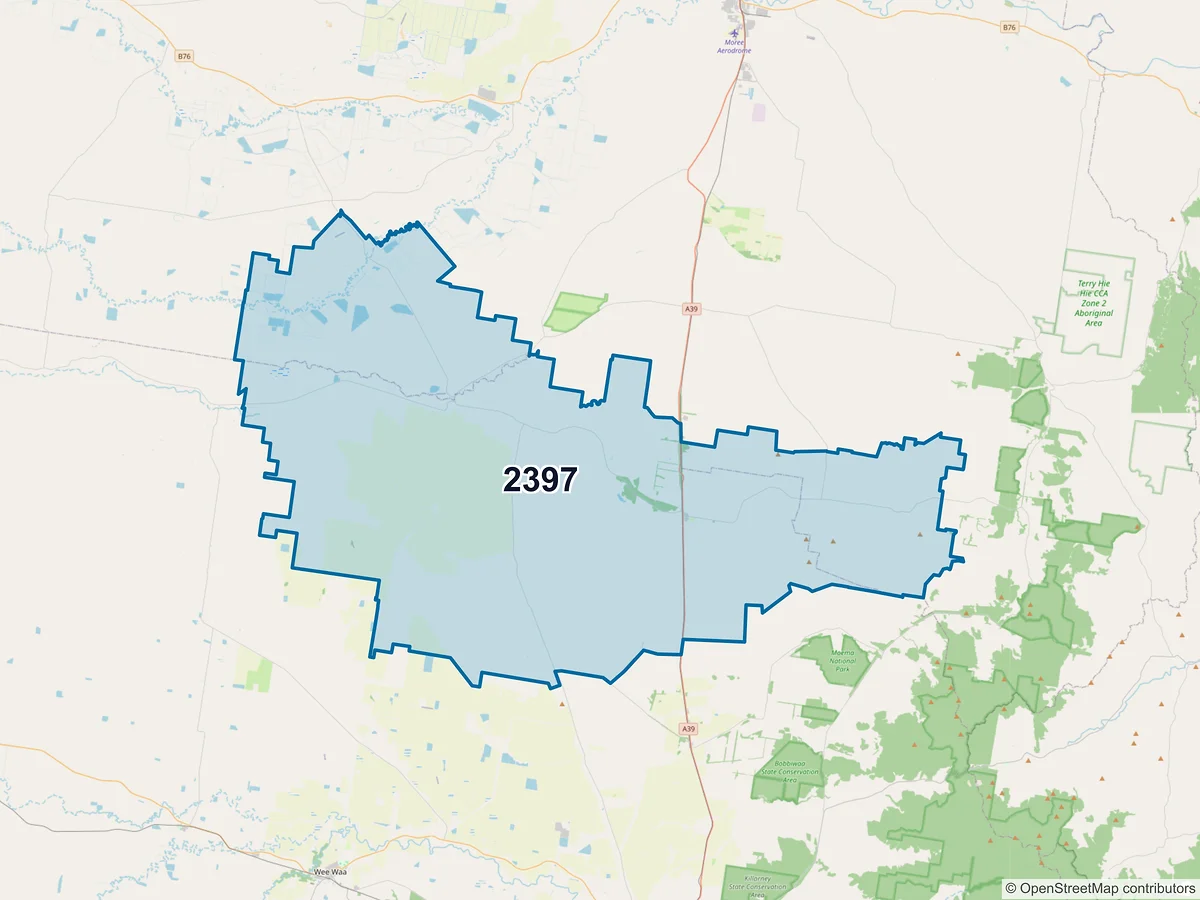 Map of postcode 2397 — Bellata, NSW, Australia