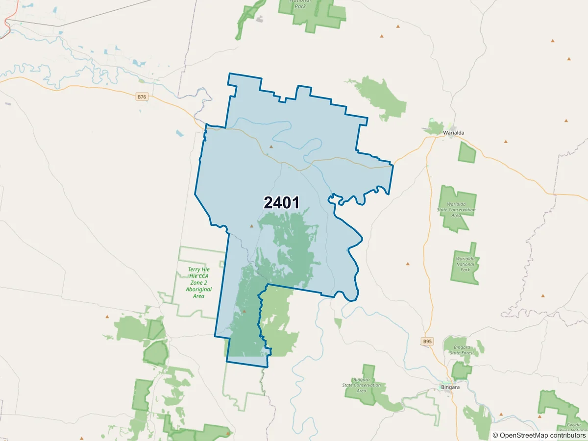 Map of postcode 2401 — Gravesend, NSW, Australia
