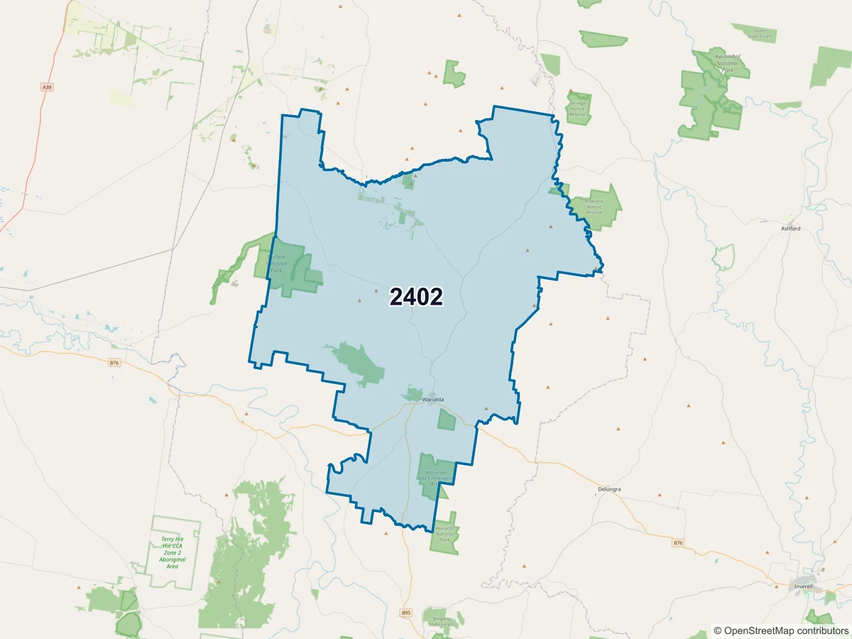 Map of postcode 2402 — Warialda, NSW, Australia