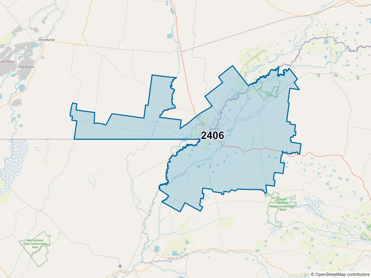 Map of postcode 2406 — Mungindi, NSW, Australia