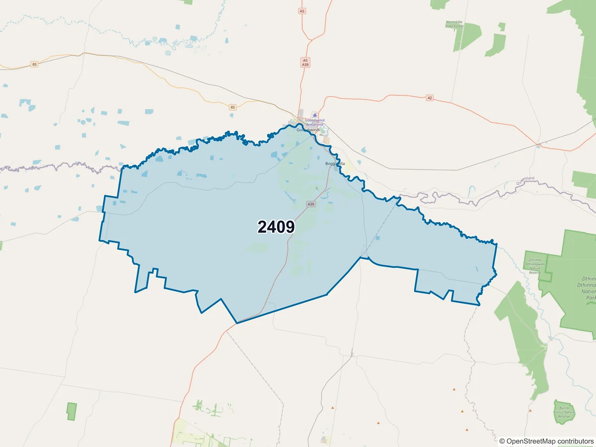 Map of postcode 2409 — Boggabilla, NSW, Australia
