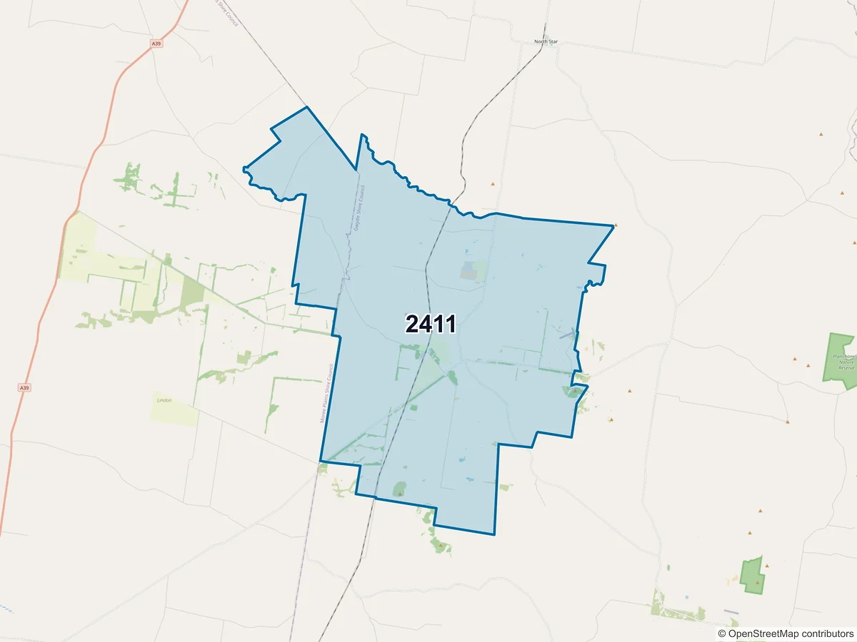 Map of postcode 2411 — Croppa Creek, NSW, Australia