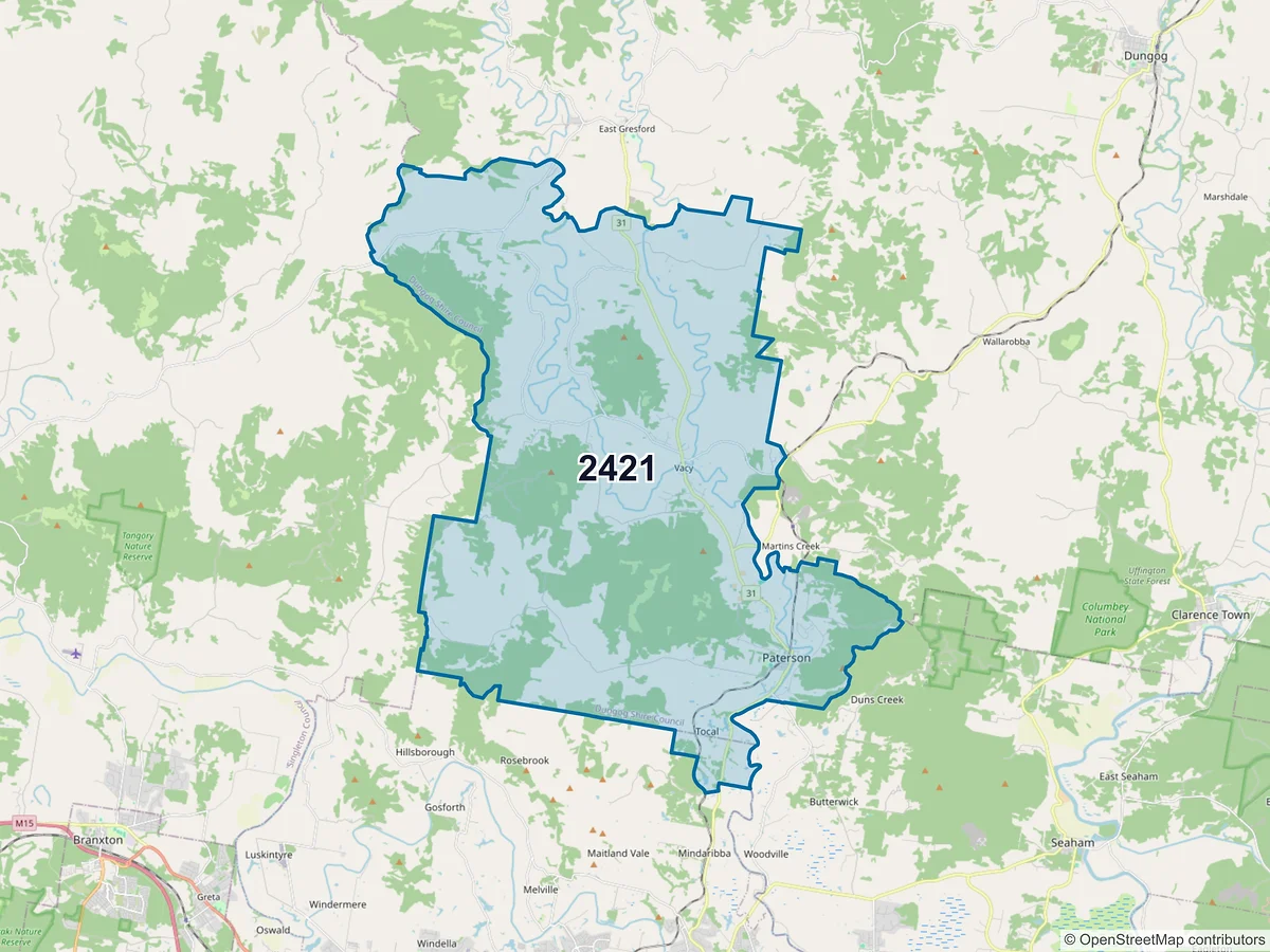 Map of postcode 2421 — Paterson, NSW, Australia