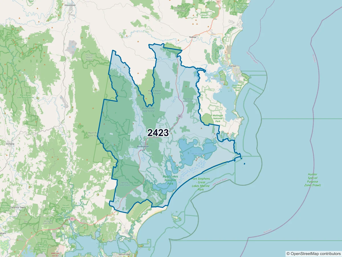 Map of postcode 2423 — Bulahdelah, NSW, Australia