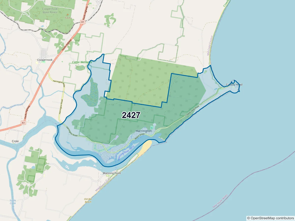Map of postcode 2427 — Harrington, NSW, Australia