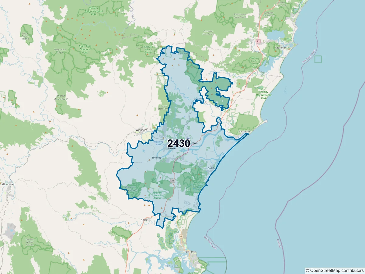 Map of postcode 2430 — Taree, NSW, Australia