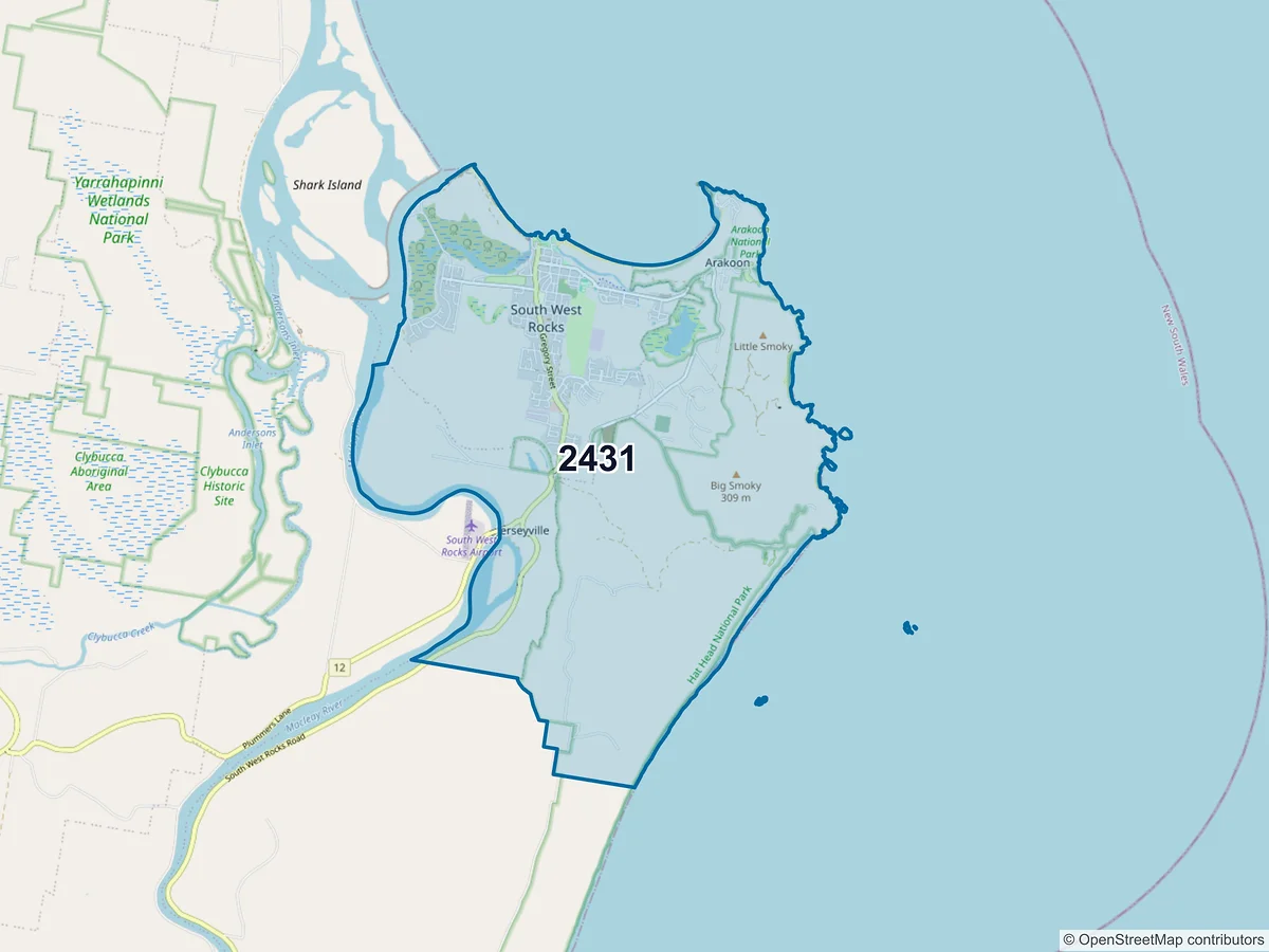 Map of postcode 2431 — South West Rocks, NSW, Australia