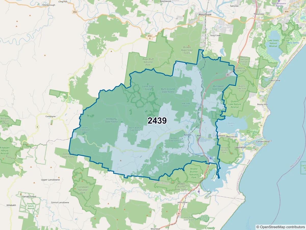 Map of postcode 2439 — Kew, NSW, Australia
