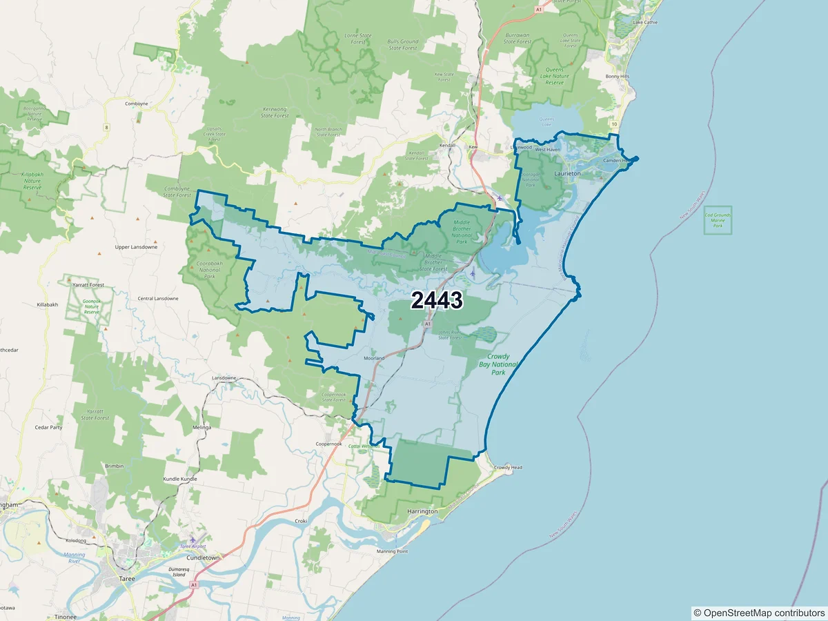 Map of postcode 2443 — Laurieton, NSW, Australia