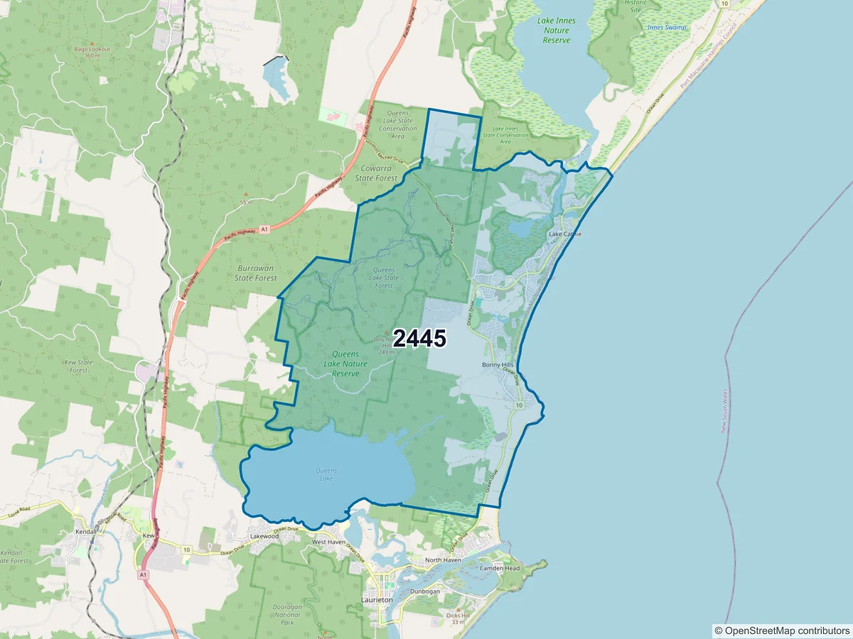 Map of postcode 2445 — Lake Cathie, NSW, Australia