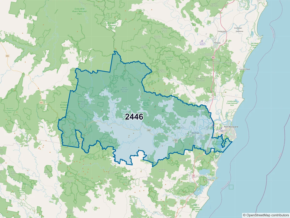 Map of postcode 2446 — Wauchope, NSW, Australia