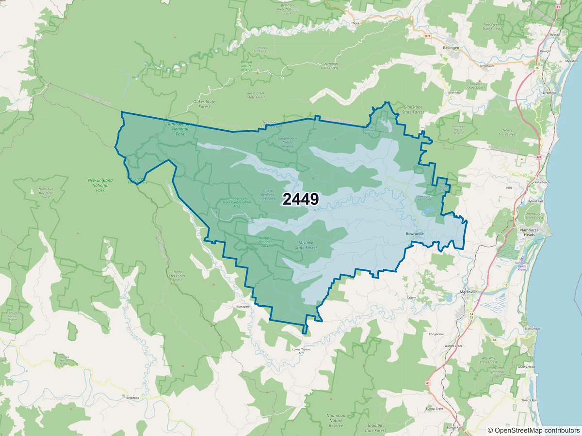 Map of postcode 2449 — Bowraville, NSW, Australia
